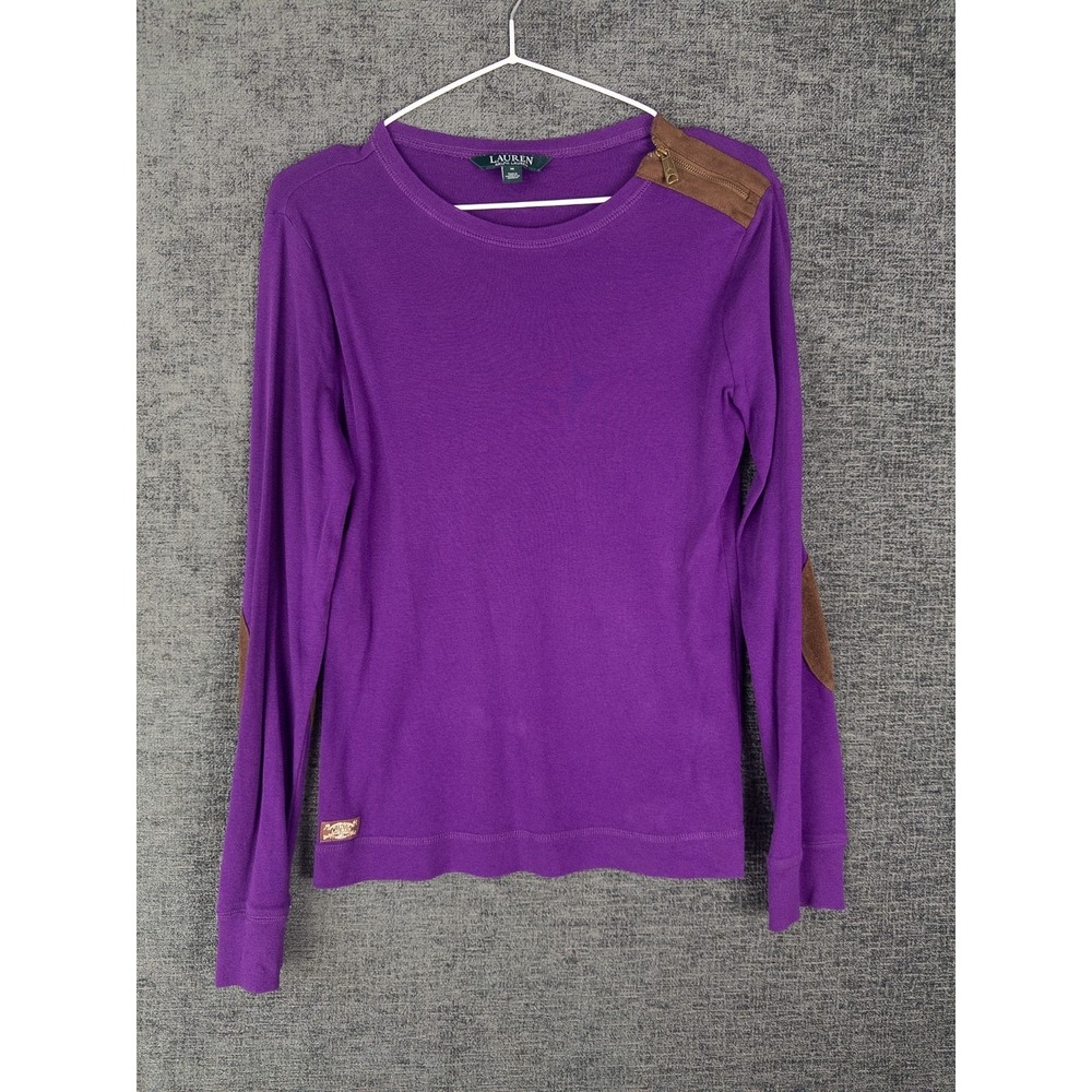 LRL‎ Ralph Lauren Sweater Womens M Purple Elbow Shoulder Patch Pullover
